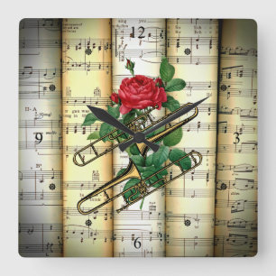Trombone & Rose ~ Rolled Sheet Music ~ Square Wall Clock