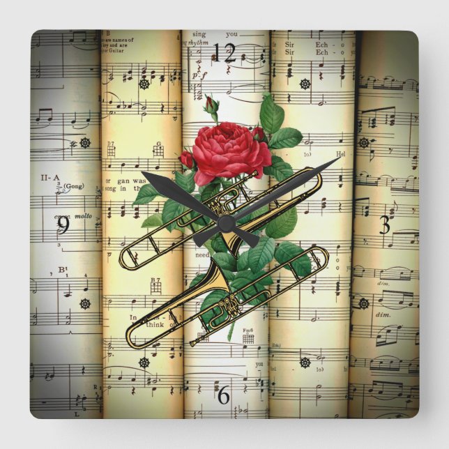 Trombone & Rose ~ Rolled Sheet Music ~ Square Wall Clock (Front)