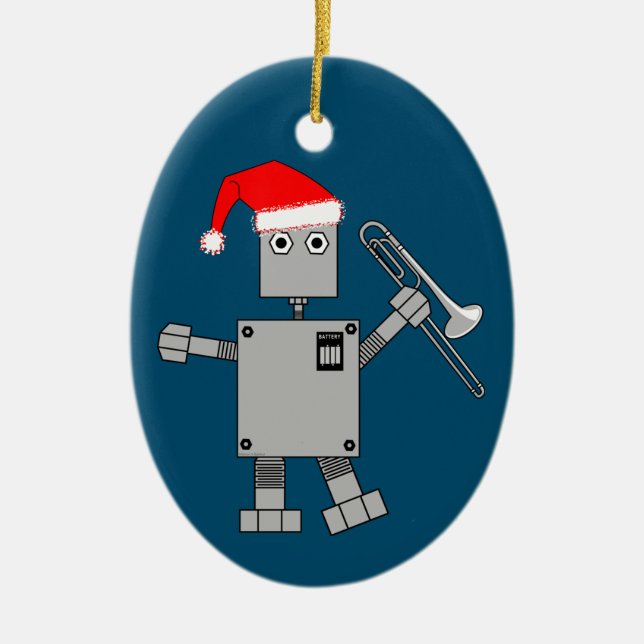 Trombone Santa Hat Robot Ceramic Ornament (Front)