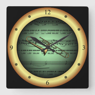 Trombone ~ Sheet Music ~ Green/Gold Background ~ Square Wall Clock