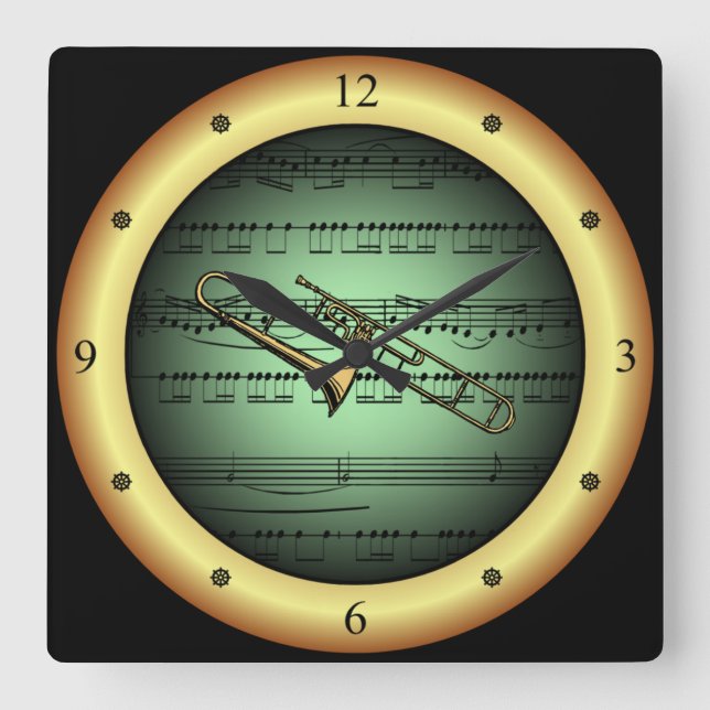 Trombone ~ Sheet Music ~ Green/Gold Background ~   Square Wall Clock (Front)