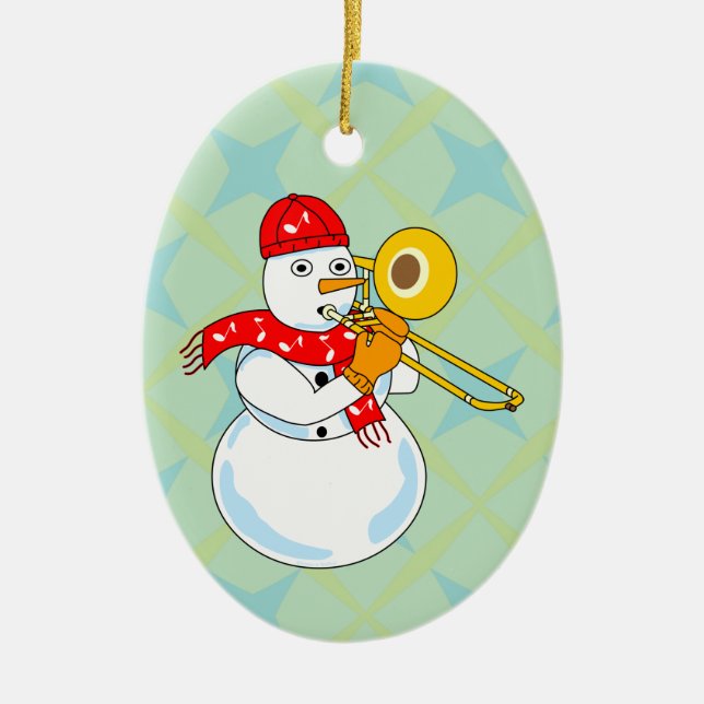 Trombone Snowman Ceramic Ornament (Front)