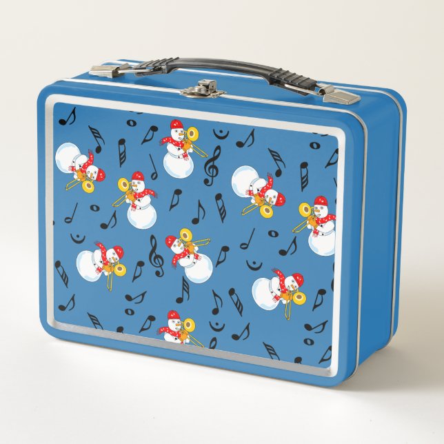 Trombone Snowman Music Notes Pattern Metal Lunch Box (Front)