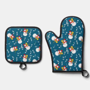 Trombone Snowman Music Notes Pattern Oven Mitt & Pot Holder Set