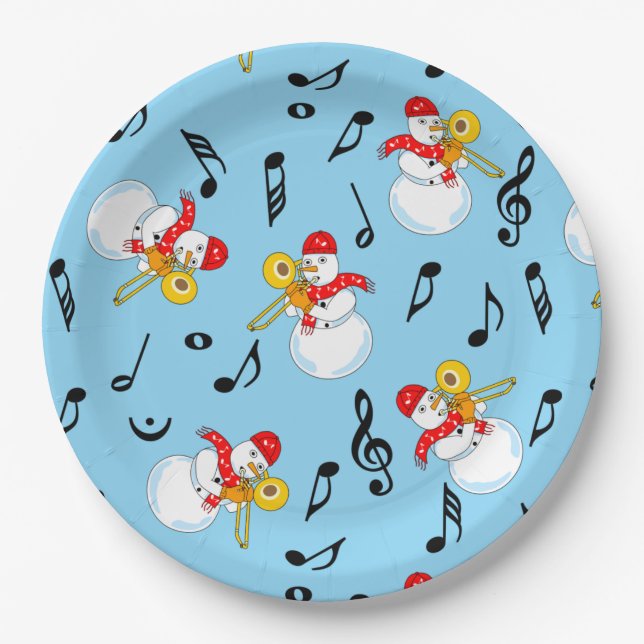 Trombone Snowman Music Notes Pattern Paper Plate (Front)