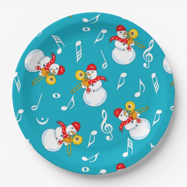 Trombone Snowman Music Notes Pattern Paper Plate (Front)