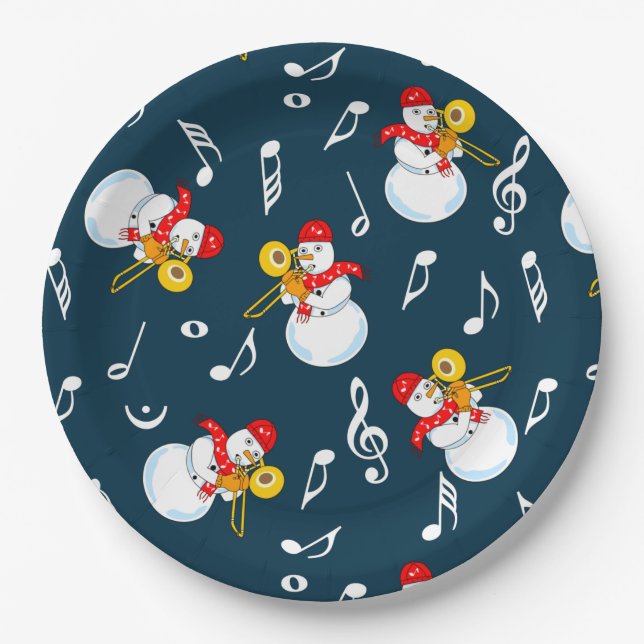 Trombone Snowman Music Notes Pattern Paper Plate (Front)