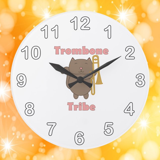 Trombone Tribe Brown Cat Large Clock (A clock with a brown cat holding a trombone and the words trombone tribe in pink.)