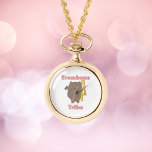 Trombone Tribe Brown Cat Pink Letters Watch<br><div class="desc">Are you looking for a gift for the trombonist in your life?  This watch necklace features a brown cartoon cat with a trombone and the text trombone tribe in pink letters.</div>