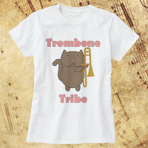 Trombone Tribe Cute Brown Cat Funny Pink T-Shirt