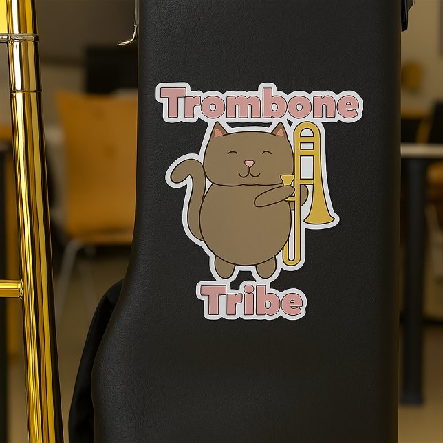 Trombone Tribe Cute Brown Cat Pink Letters (A sticker of a brown cat holding a trombone and the words trombone tribe)