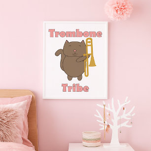 Trombone Tribe Cute Brown Cat Pink Letters Poster