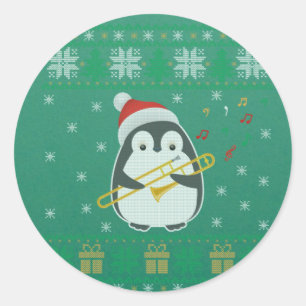 Trombone Ugly Christmas Sweater Penguin Xmas Famil Classic Round Sticker