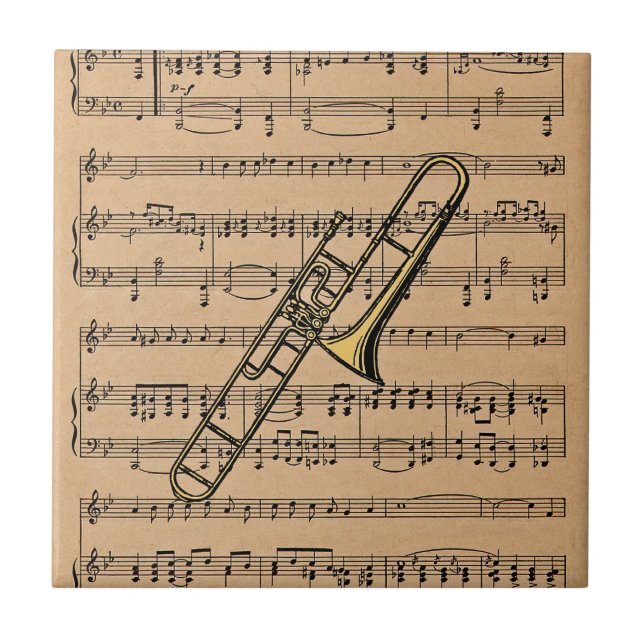 Trombone With Sheet Music Background Ceramic Tile (Front)