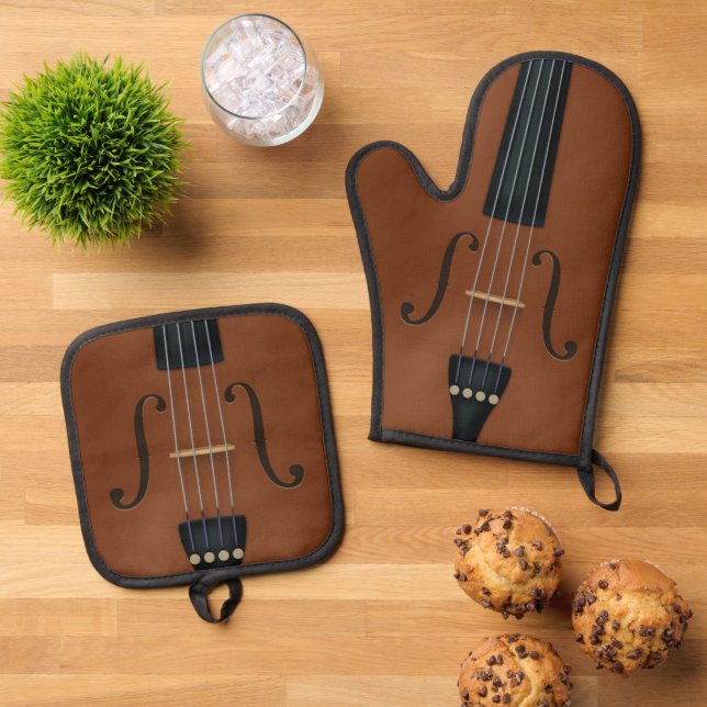 Trompe L'oeil Violin Viola Cello Strings F-holes Oven Mitt & Pot Holder Set (Top Down)