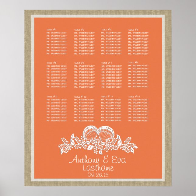 Tropcial Seashell Beach Theme Seat Chart (Front)