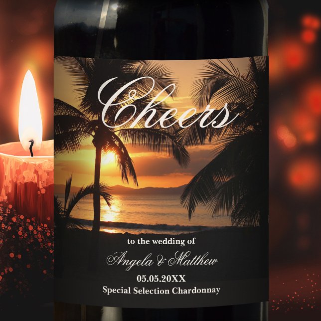 Tropcial Sunset Palm Beach Wedding Wine Label (Creator Uploaded)