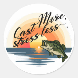 Trophy Bass Fishing Graphic Cast More, stress less Classic Round Sticker