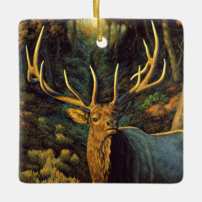 Trophy Bull Elk in Autumn Ceramic Ornament (Front)