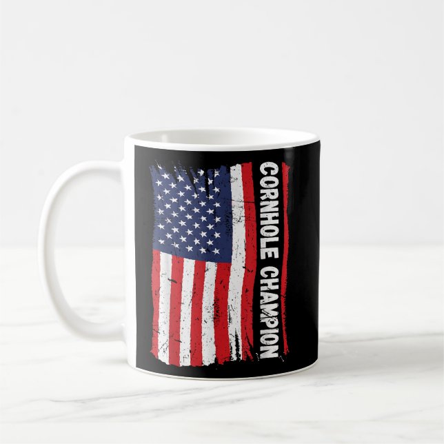 Trophy Champion Fun Bean Bag Cornhole Player Flag Coffee Mug (Left)