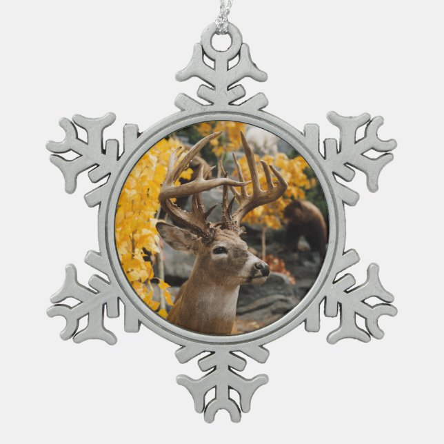 Trophy Deer Snowflake Pewter Christmas Ornament (Front)