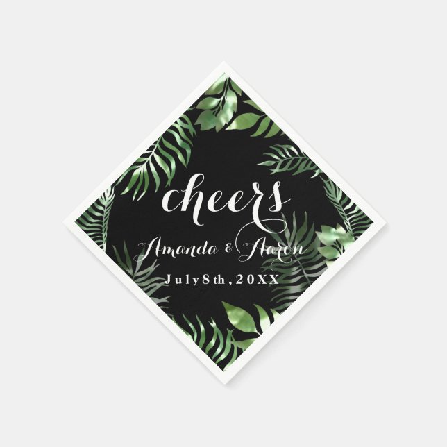 Tropic Green  Leafs Black White Floral Cheers Napkin (Corner)