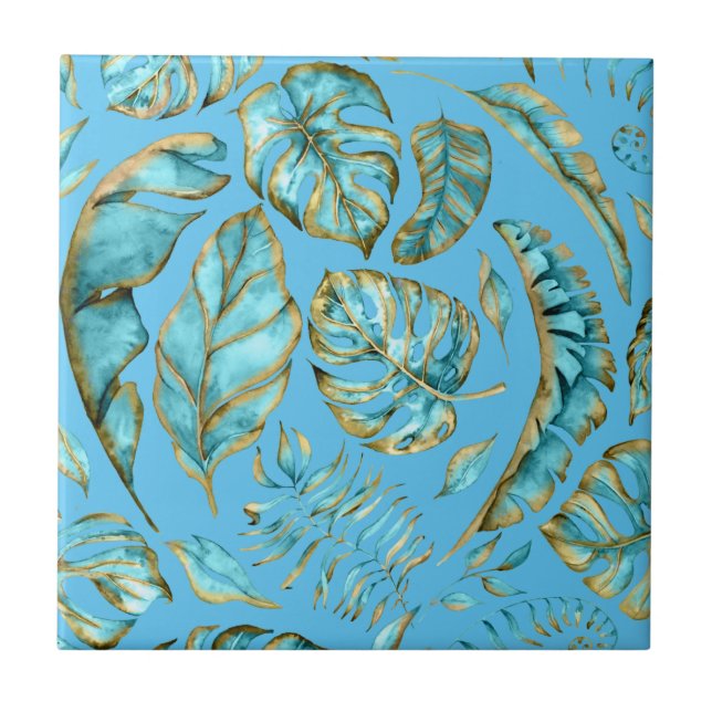 Tropic jungle leaf pattern aqua gold tropical ceramic tile (Front)