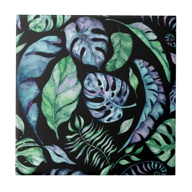 Tropic jungle leaf pattern purple green tropical ceramic tile (Front)