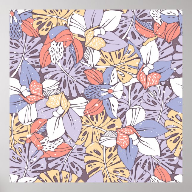 Tropic seamless pattern with orchid and monstera l poster (Front)