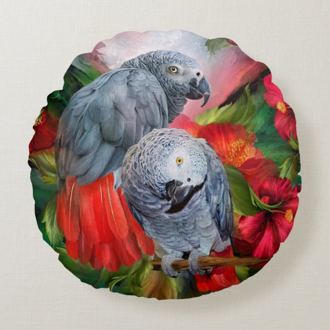 Tropic Spirits-African Greys Art Pillow-Round Round Cushion (Front)