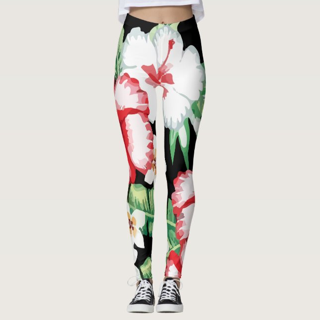 Tropic Summer Floral Hibiscus Plumeria Leggings (Front)
