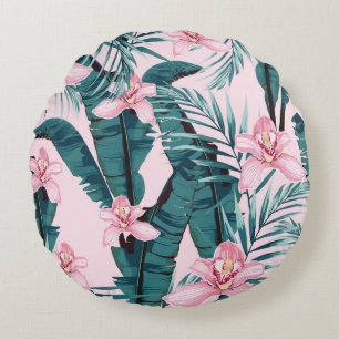 Tropic summer painting seamless pattern with palm round cushion