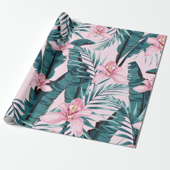 Tropic summer painting seamless pattern with palm  wrapping paper (Unrolled)