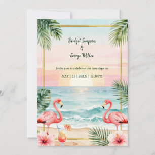 Tropic Sunset floral Beach with Flamingos wedding Invitation