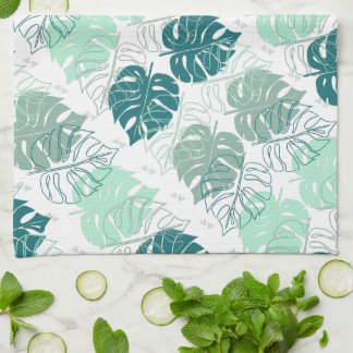 Tropic teal and grey leaf patterned tea towel