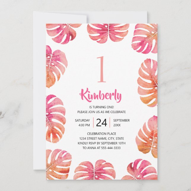 Tropical 1st Birthday Party Pink Summer Beach Invitation (Front)