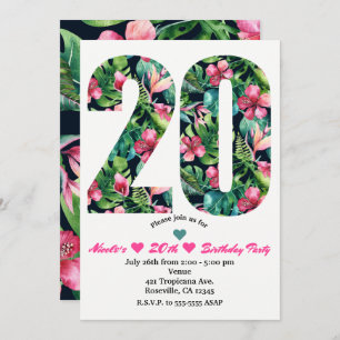 Tropical 20 20th Floral Birthday Party Invitation