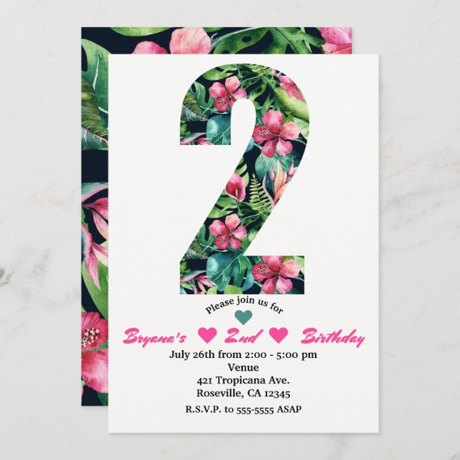 Tropical 2 TWO Second Birthday Party Invitation (Front/Back)