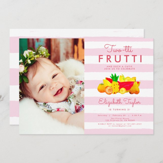 Tropical 2nd Birthday Pink Photo Two-tti Frutti Invitation (Front/Back)
