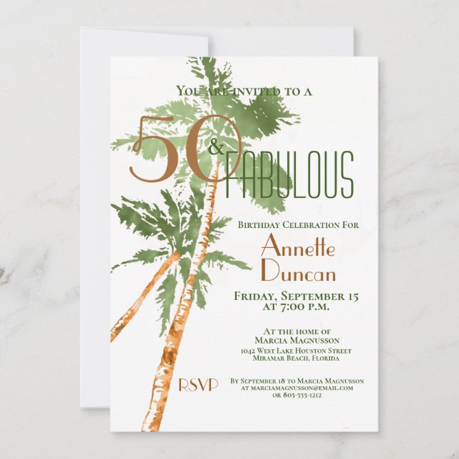 Tropical 50 & Fabulous Palm Trees Birthday Party Invitation (Front)