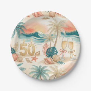 Tropical 50th Birthday Celebration Golden Number Paper Plate