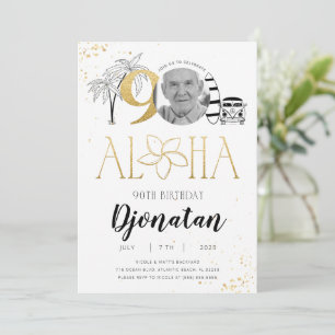 Tropical 90th Birthday Gold Invitation with Photo