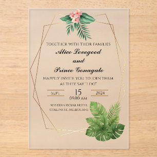 Tropical Acrylic Wedding Invitation Gold Frame