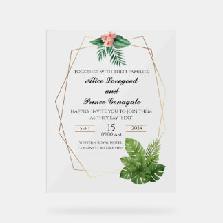 Tropical Acrylic Wedding Invitation Gold Frame Sign