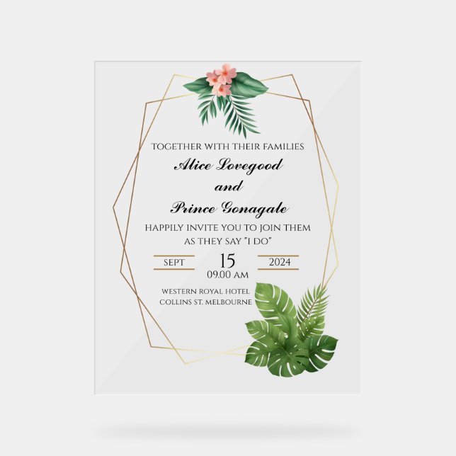 Tropical Acrylic Wedding Invitation Gold Frame Sign (Front)