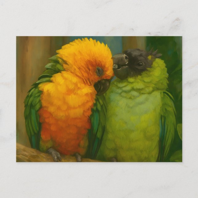 Tropical Affection – Parrots in Forest Light Postcard (Front)