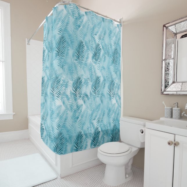 Tropical Aloha Aqua Blue Leaves        Shower Curtain (In Situ)
