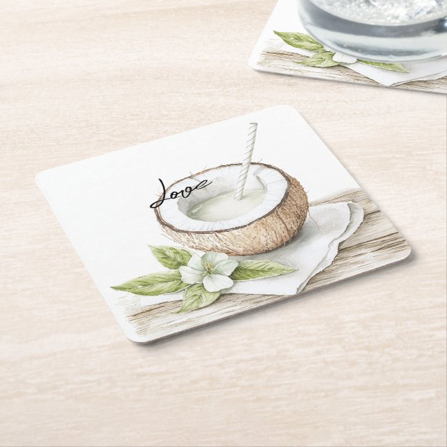 Tropical Aloha Beach Coconut Floral Wedding Square Paper Coaster (Angled)