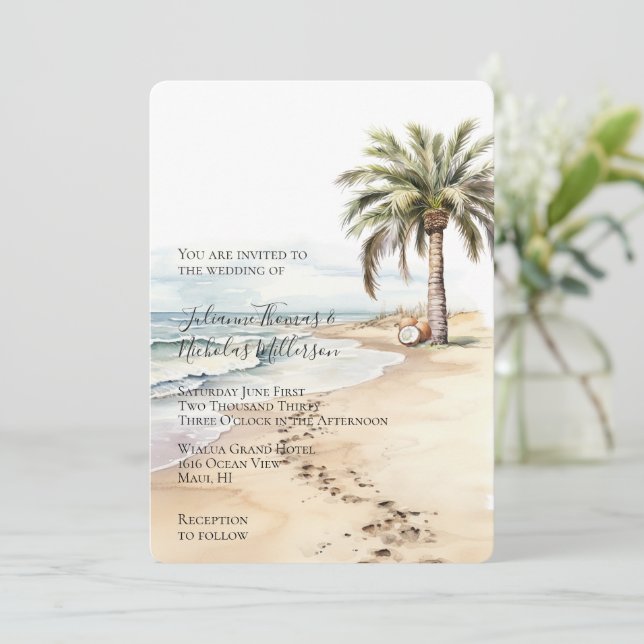 Tropical Aloha Beach Coconuts Palm Tree Wedding Invitation (Standing Front)