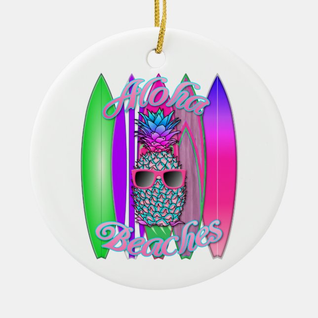 Tropical Aloha Beaches Fun Surfing Pineapple Ceramic Ornament (Front)